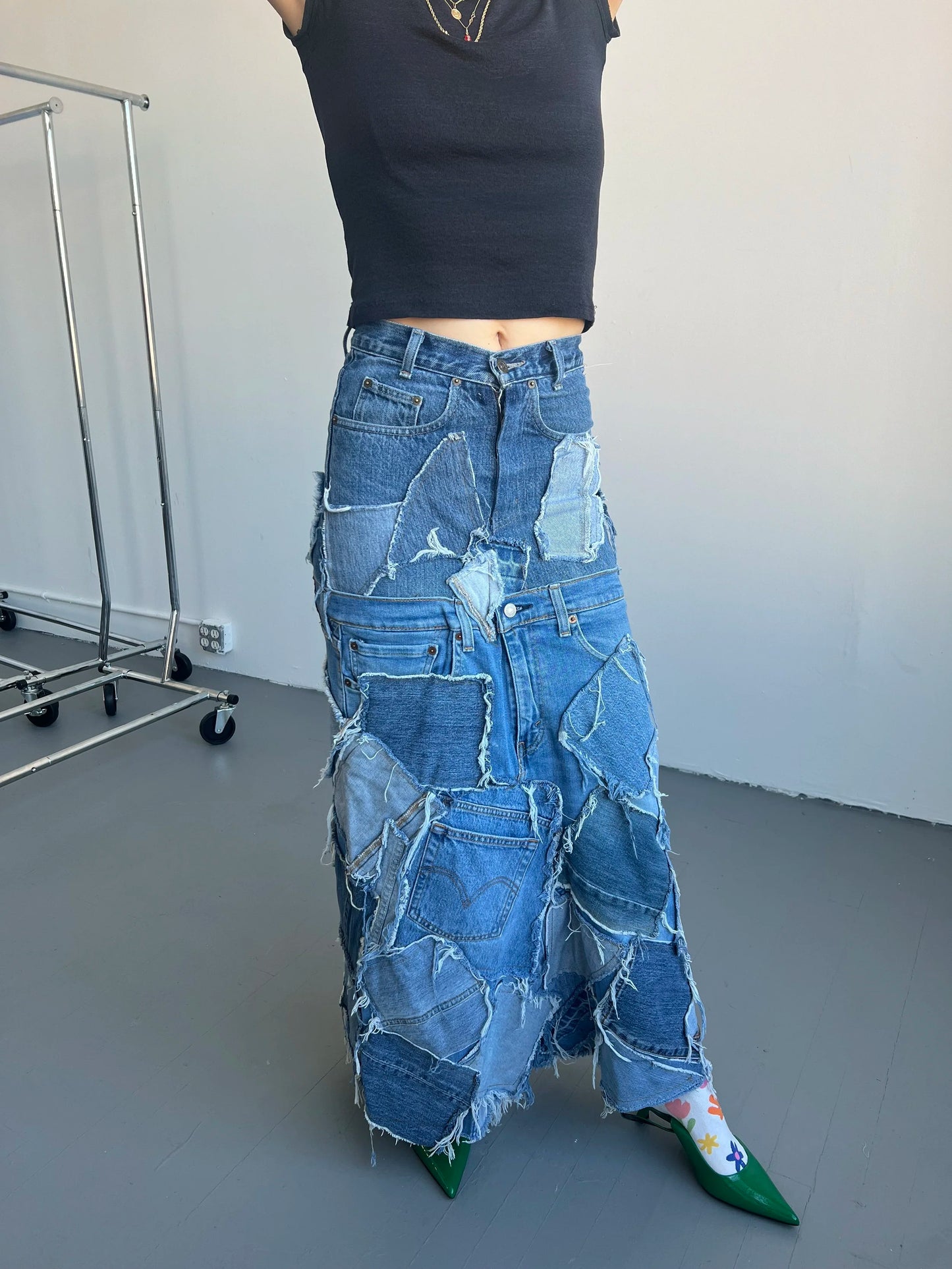 Patchwork Denim Maxi Skirt