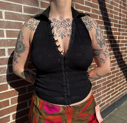 Eyelet Halter Top with Collar