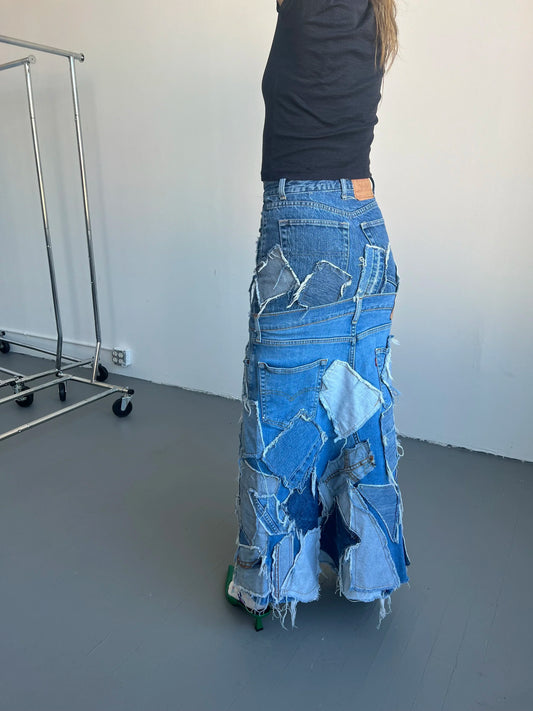 Patchwork Denim Maxi Skirt