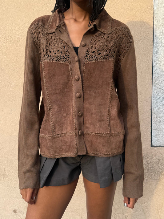 Suede Crochet Button Up