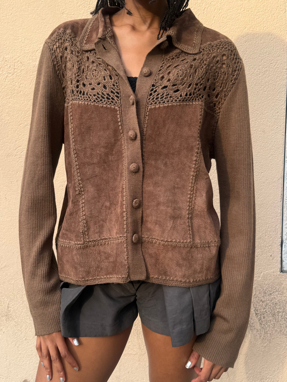 Suede Crochet Button Up